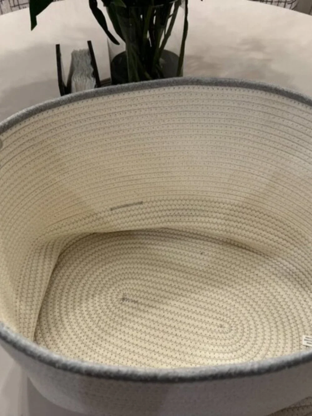 Grey and cream weaved basket. 15 x 18 x 12. New